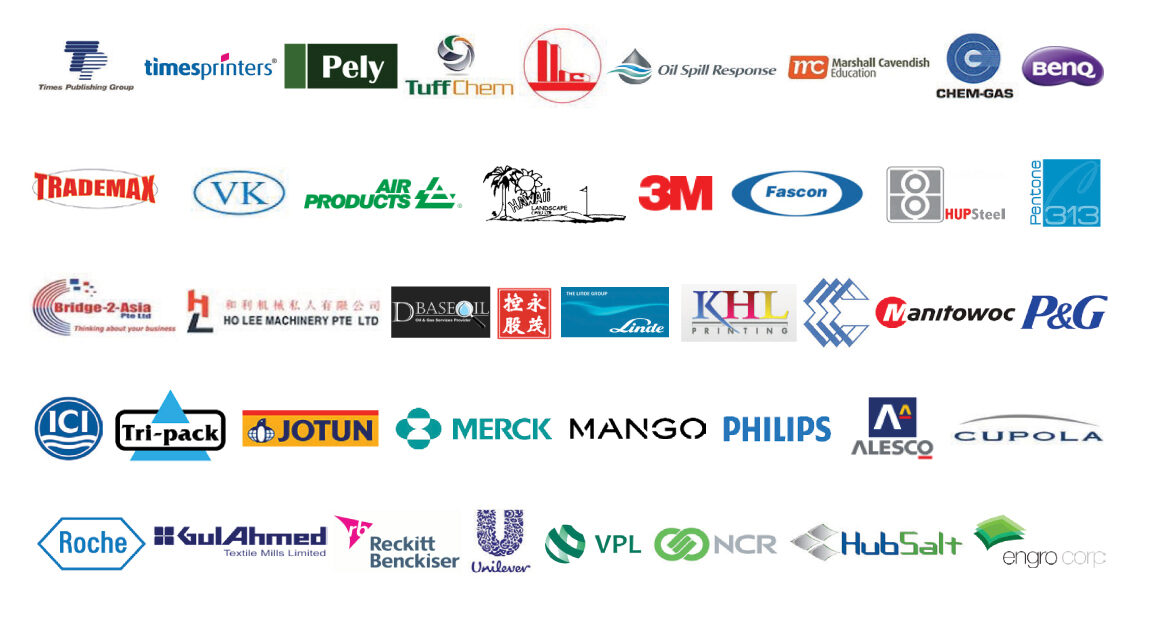 Logos of AJ Global Logistics clients across chemicals, printing, packaging, machinery, FMCG and pharmaceutical industries